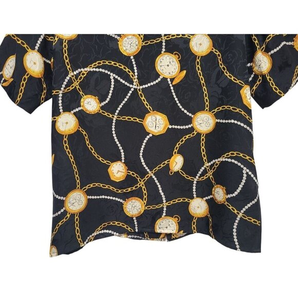Vintage MAGGY LONDON Silk Blouse Gold Chain Pocket Watch Print - Picture 9 of 11